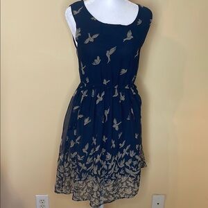 Elegant Navy Blue Dress with Bird Print